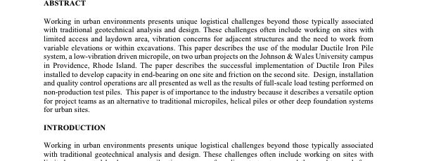 LeDo, D., Billups, T., Carchedi, D. and FitzPatrick, B. (2016). “Innovative Deep Foundation Support Using Ductile Iron Piles.” International Conference on Deep Foundations, Seepage Control and Remediation – 41st Annual Deep Foundations Institute Conference. Deep Foundations Institute. New York, NY.