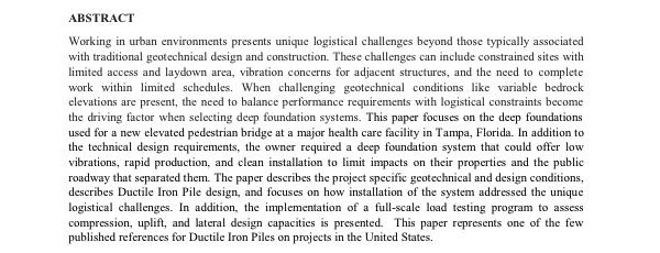 Plaskett, B., Johnson, K.R., and Caskey, M. (2022). “Solving Variable Bedrock Challenges with Ductile Iron Piles.” 47th Annual Conference on Deep Foundations. Deep Foundations Institute. National Harbor, MD.